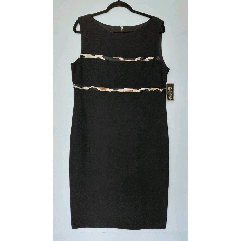 NWT Peck & Peck Size 16 Black Straight Sleeveless Dress w/Animal Print Detail